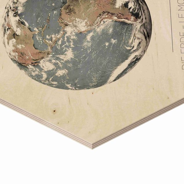 Hexagon Bild Holz 2-teilig - Mond und Erde