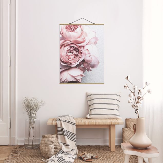 Stoffbilder mit Posterleisten Rosa Pfingstrosenblüten Shabby Pastell