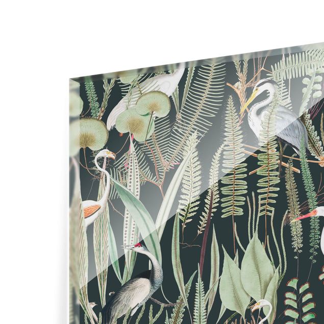 Spritzschutz Glas - Flamingos und Störche mit Pflanzen auf Grün - Quadrat 1:1
