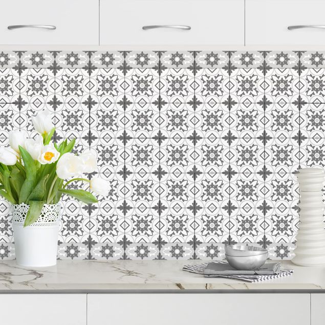 Platte Küchenrückwand Geometrischer Fliesenmix Blume Grau