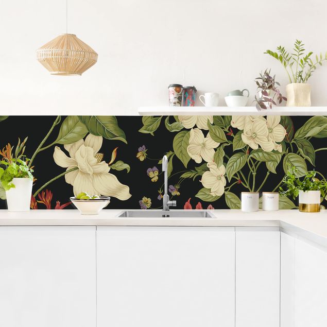 Küchenrückwand - Gartenblumen auf Schwarz I