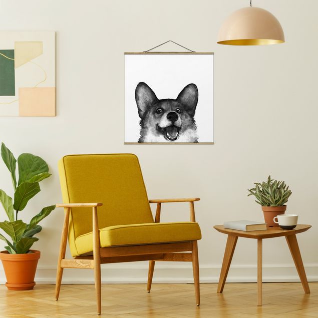 Stoffbilder mit Posterleisten Illustration Hund Corgi Weiß Schwarz Malerei