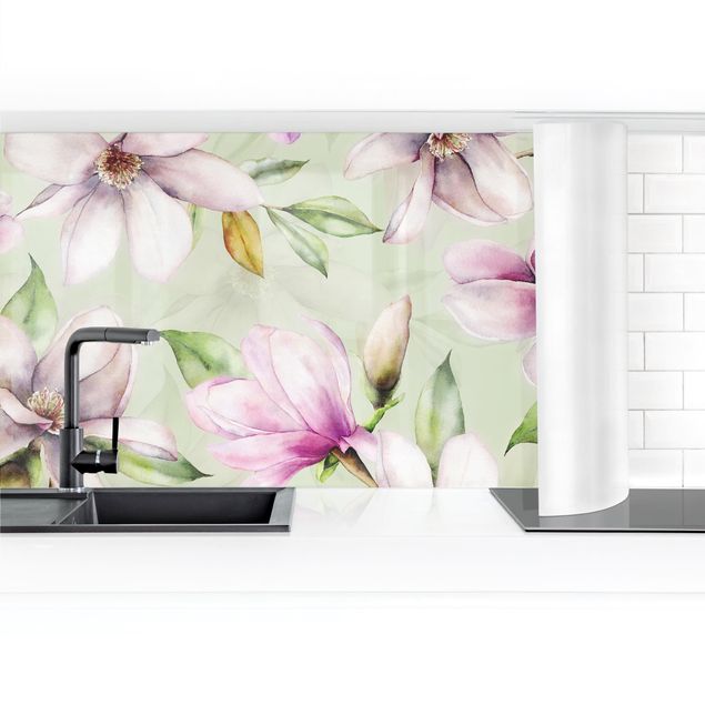 Küchenrückwand selbstklebend Magnolien Illustration auf Mint