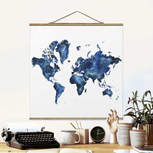 Stoffbild mit Posterleisten - Wasser-Weltkarte hell - Quadrat 1:1
