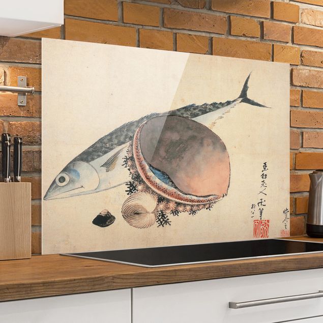 Spritzschutz Künstler Katsushika Hokusai - Makrele und Seemuscheln