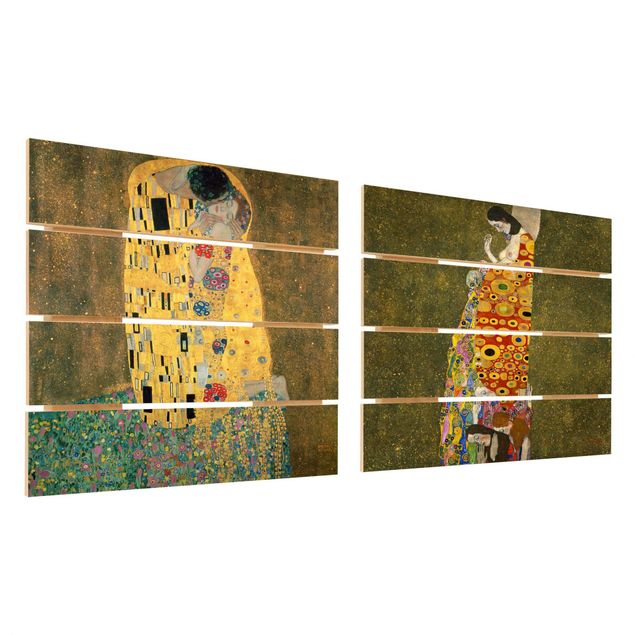 Holzbild 2-teilig - Gustav Klimt - Kuss und Hoffnung - Quadrate 1:1