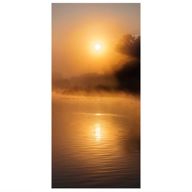 Raumteiler - Sonnenaufgang am See mit Rehen im Nebel 250x120cm