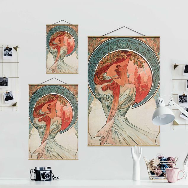 Stoffbild mit Posterleisten - Alfons Mucha - Vier Künste - Die Poesie - Hochformat 2:3