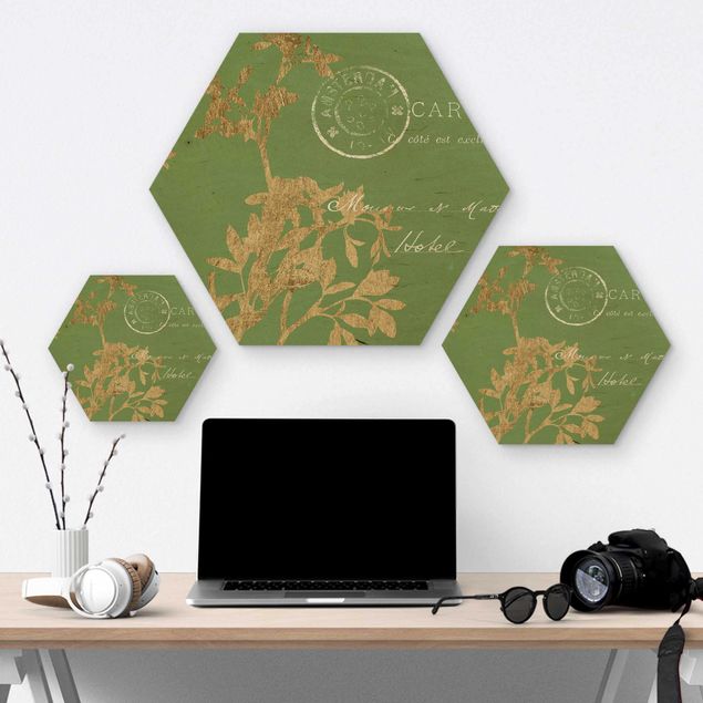 Hexagon Bild Holz - Goldene Blätter auf Lind I