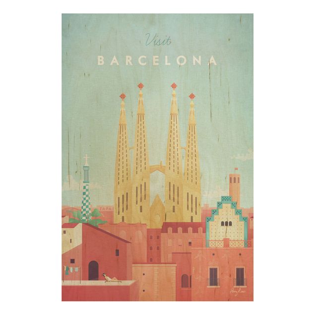 Wandbild Holz Vintage Reiseposter - Barcelona