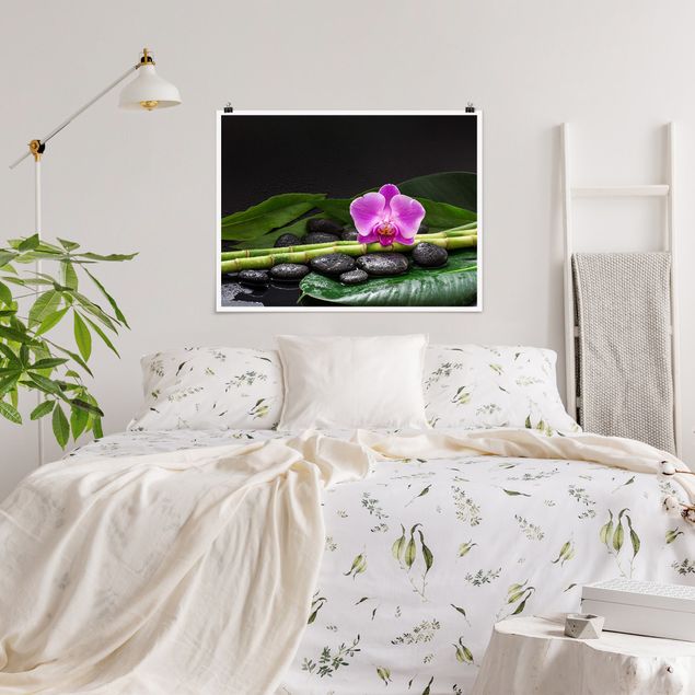 Moderne Poster Grüner Bambus mit Orchideenblüte