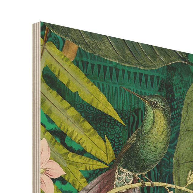 Holzbild - Bunte Collage - Kakadus im Dschungel - Quadrat 1:1