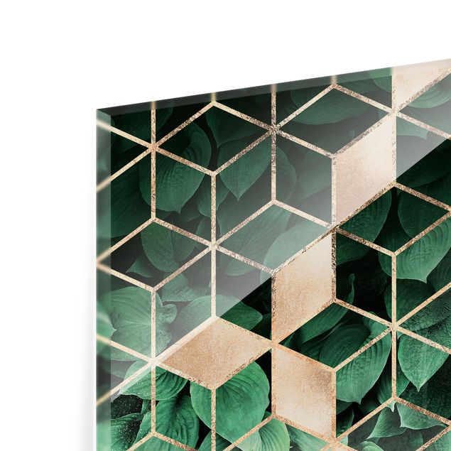 Glas Spritzschutz - Grüne Blätter goldene Geometrie - Quadrat - 1:1