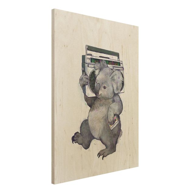 Holzbild - Illustration Koala mit Radio Malerei - Hochformat 4:3