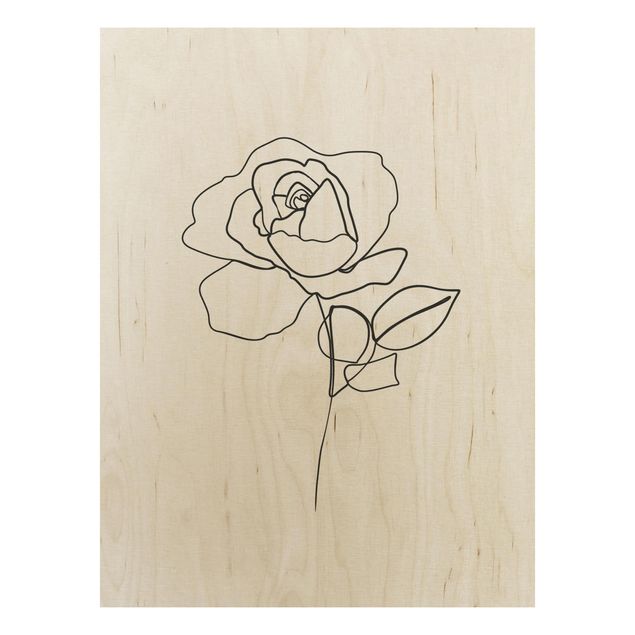 Holzbild - Line Art Rose Schwarz Weiß - Hochformat 4:3