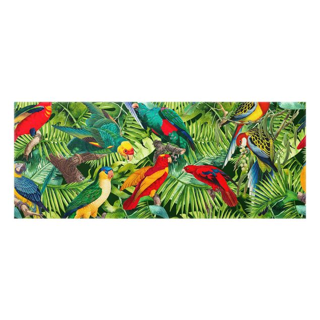 Spritzschutz Glas - Bunte Collage - Papageien im Dschungel - Panorama