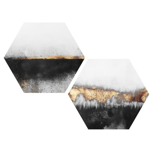 Hexagon Bild Alu-Dibond 2-teilig - Elisabeth Fredriksson - Abstrakte Goldene Horizonte in Aquarell