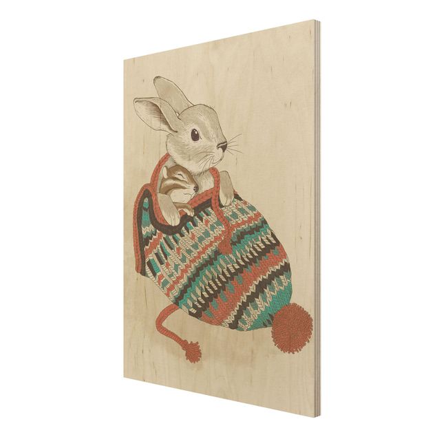 Holzbilder Illustration Kuschelnder Hase in Mütze