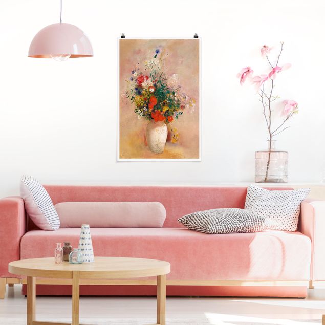 Poster mit Blumen Odilon Redon - Vase mit Blumen (rosenfarbener Hintergrund)
