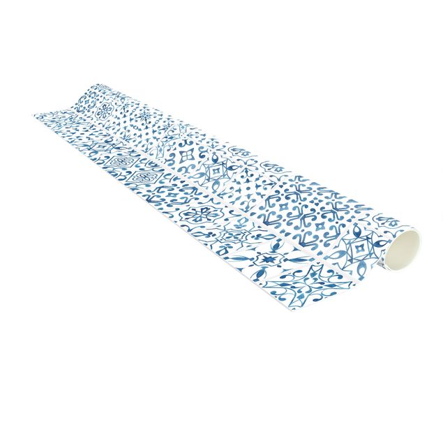 Teppich modern Fliesenmuster Blau Weiß