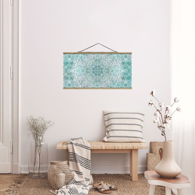 Stoffbild mit Posterleisten - Mandala Aquarell Ornament Muster türkis - Querformat 2:1