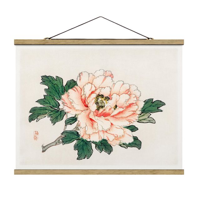 Stoffbild mit Posterleisten - Asiatische Vintage Zeichnung Rosa Chrysantheme - Querformat 4:3