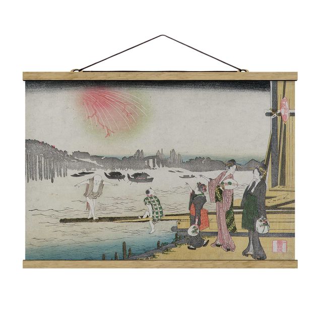 Stoffbild mit Posterleisten - Katsushika Hokusai - Ein kühler Abend in Ryogoku - Querformat 3:2