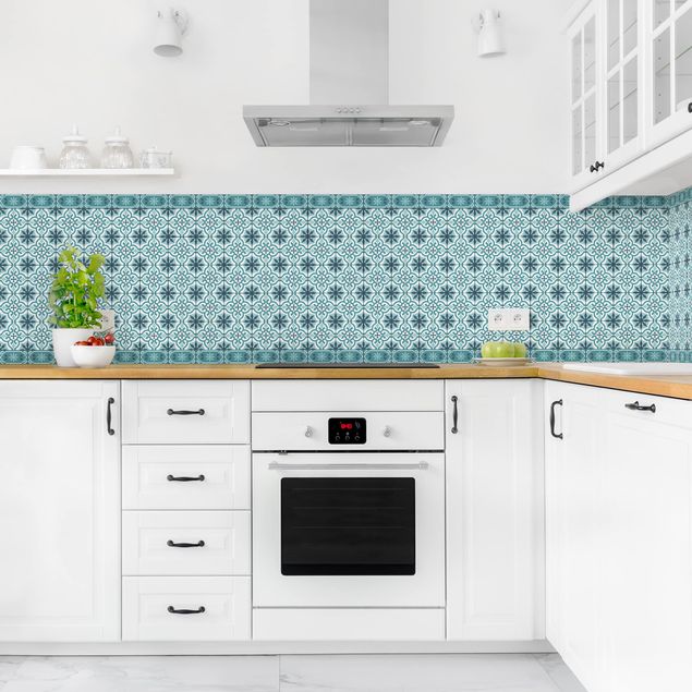 Küchenrückwand - Geometrischer Fliesenmix Kreuz Türkis