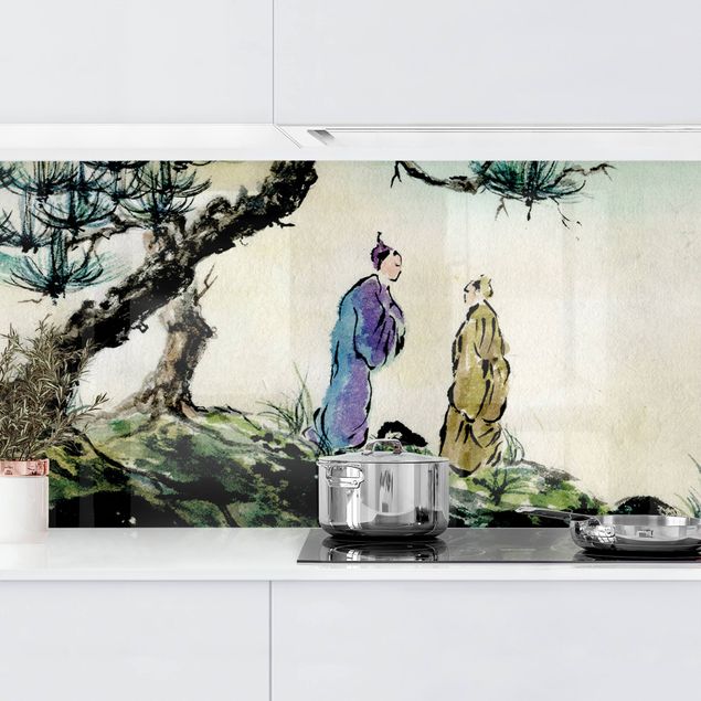 Platte Küchenrückwand Japanische Aquarell Zeichnung Kiefer und Bergdorf