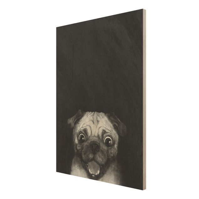 Bilder auf Holz Illustration Hund Mops Malerei auf Schwarz Weiß