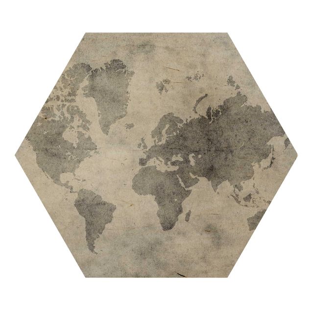 Hexagon Bild Holz - Vintage Weltkarte II