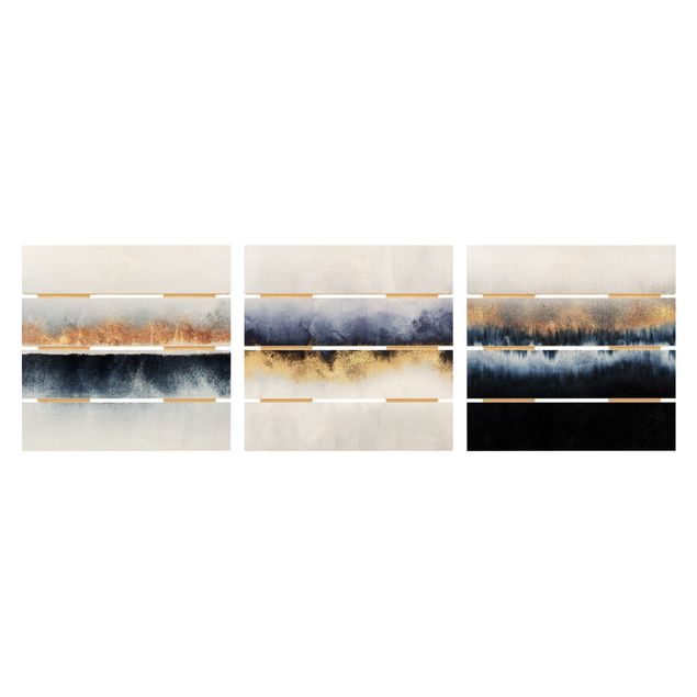 Holzbild 3-teilig - Elisabeth Fredriksson - Aquarell Horizont Gold Blau - Quadrate 1:1