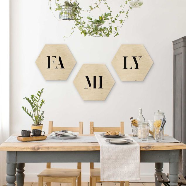 Hexagon Bild Holz 3-teilig - Buchstaben FAMILY Schwarz Set I