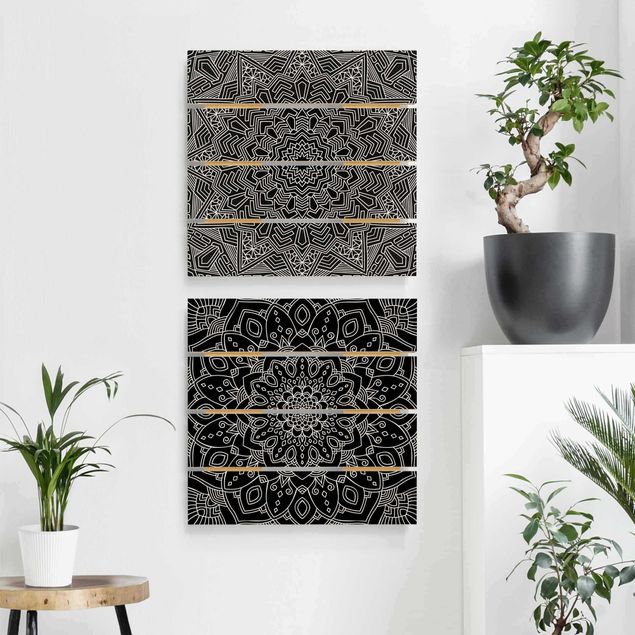 Wandbild Holz Mandala Blüte Stern Muster schwarz