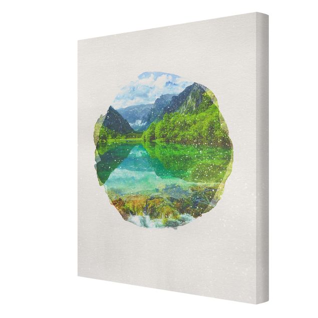 Leinwandbild - Wasserfarben - Bergsee mit Spiegelung - Hochformat 4:3