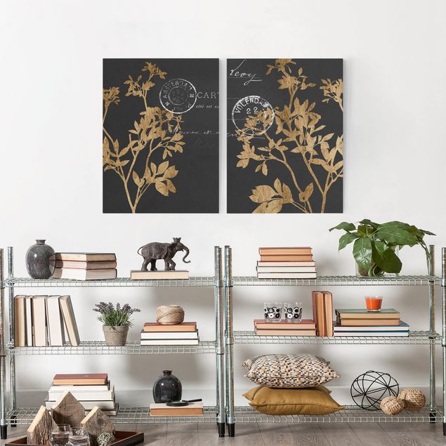 moderne Bilder auf Leinwand Goldene Blätter auf Mokka Set I