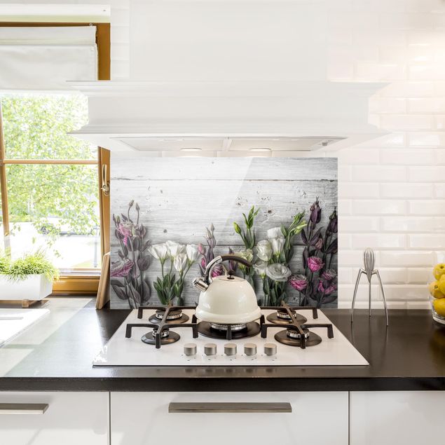 Glasrückwand Küche Holzoptik Tulpen-Rose Shabby Holzoptik