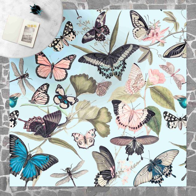 Teppich Balkon Vintage Collage - Schmetterlinge und Libellen