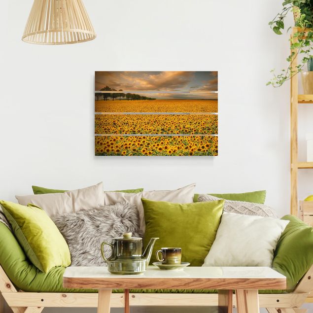 Holzbilder Natur Feld mit Sonnenblumen