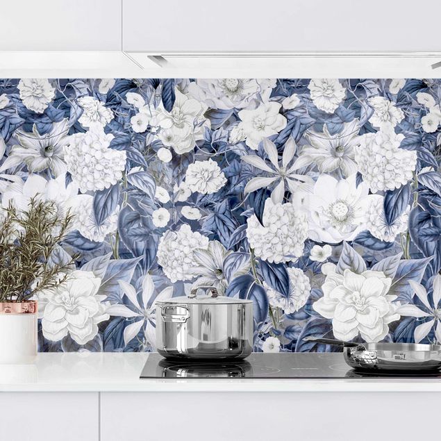 Platte Küchenrückwand Weiße Blumen vor Blau II
