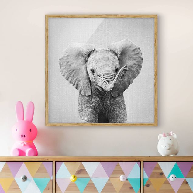 schwarz-weiß Bilder mit Rahmen Baby Elefant Elsa Schwarz Weiß