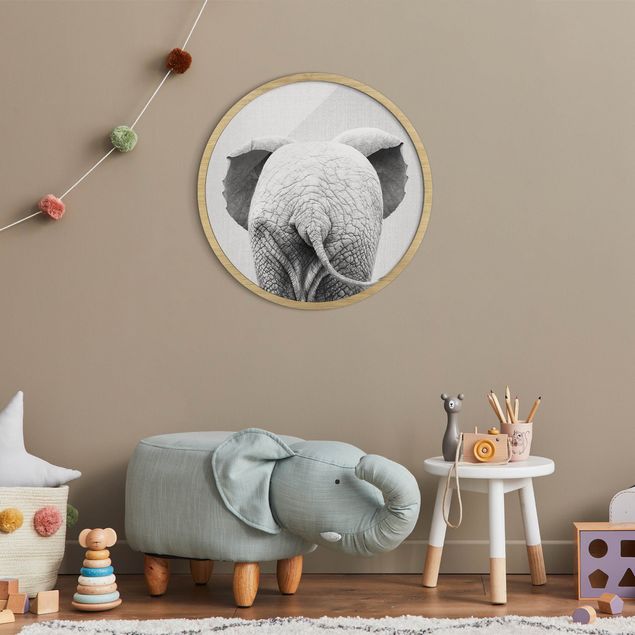 Moderne Bilder mit Rahmen Baby Elefant von hinten Schwarz Weiß
