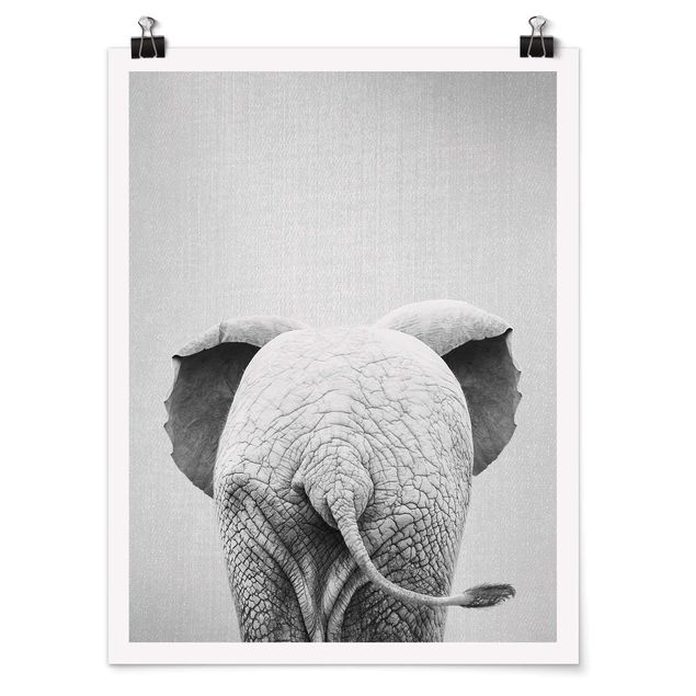 Moderne Poster Baby Elefant von hinten Schwarz Weiß