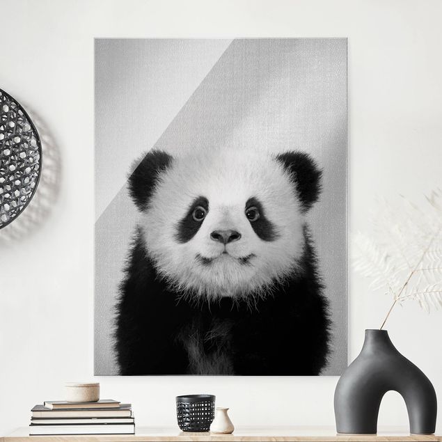 Glas Wandbilder XXL Baby Panda Prian Schwarz Weiß