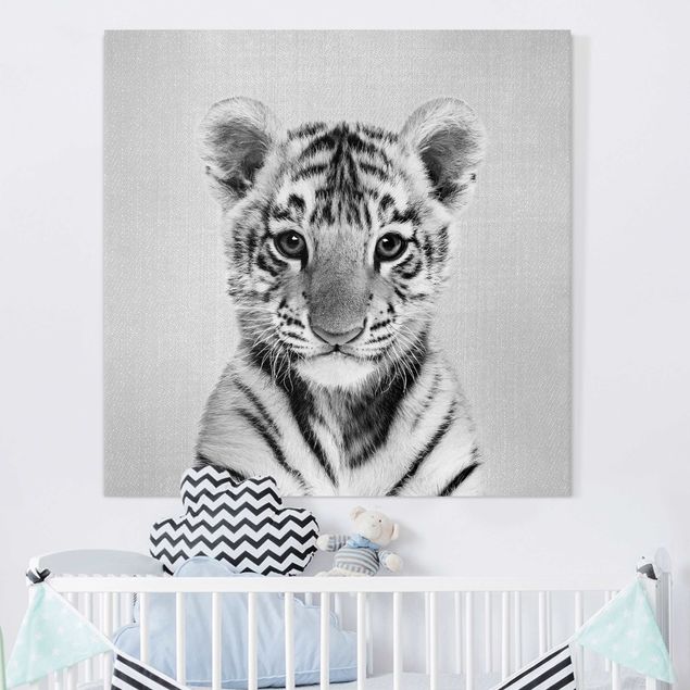 Leinwandbild - Baby Tiger Thor Schwarz Weiß - Quadrat 1:1