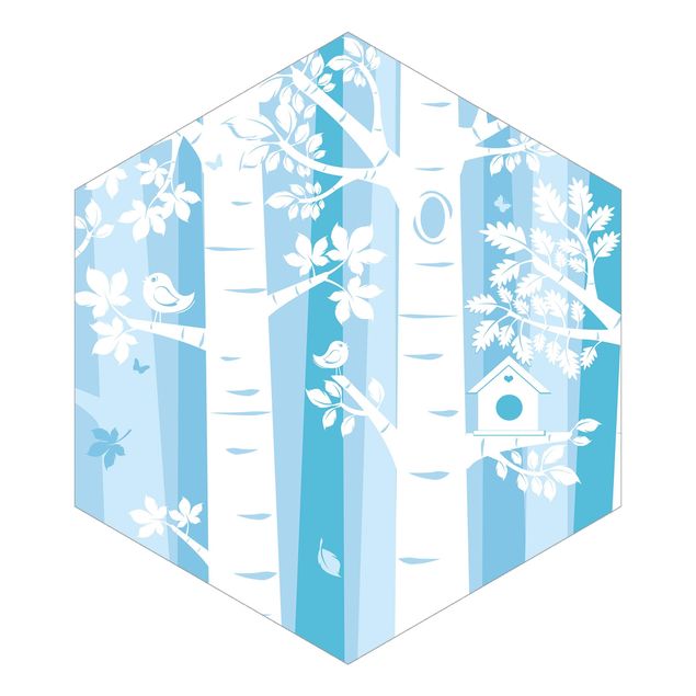 Hexagon Mustertapete selbstklebend - Bäume im Wald Blau