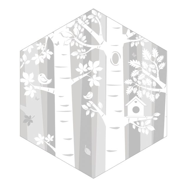 Hexagon Mustertapete selbstklebend - Bäume im Wald Grau