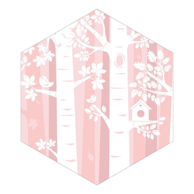 Hexagon Mustertapete selbstklebend - Bäume im Wald Rosa