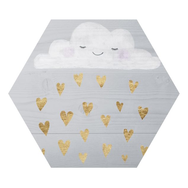 Hexagon Bild Alu-Dibond - Wolke mit goldenen Herzen