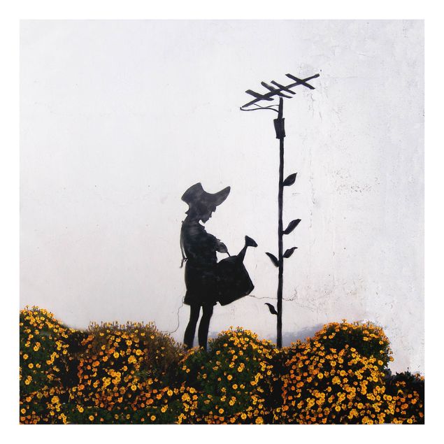 Glasbild - Mädchen mit Gießkanne - Brandalised ft. Graffiti by Banksy - Quadrat